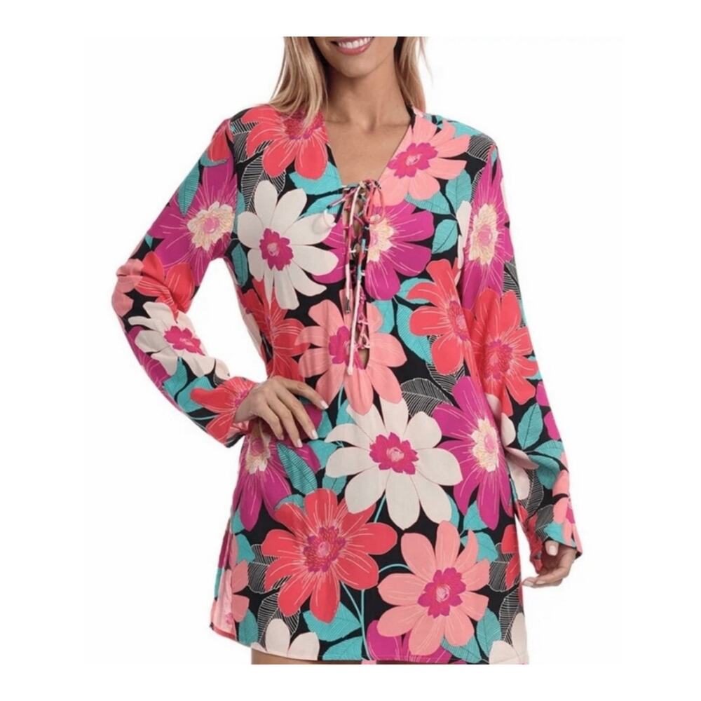 NWT La Blanca in Full Bloom Lace Front Tunic Dress Swim Cover-up Size M